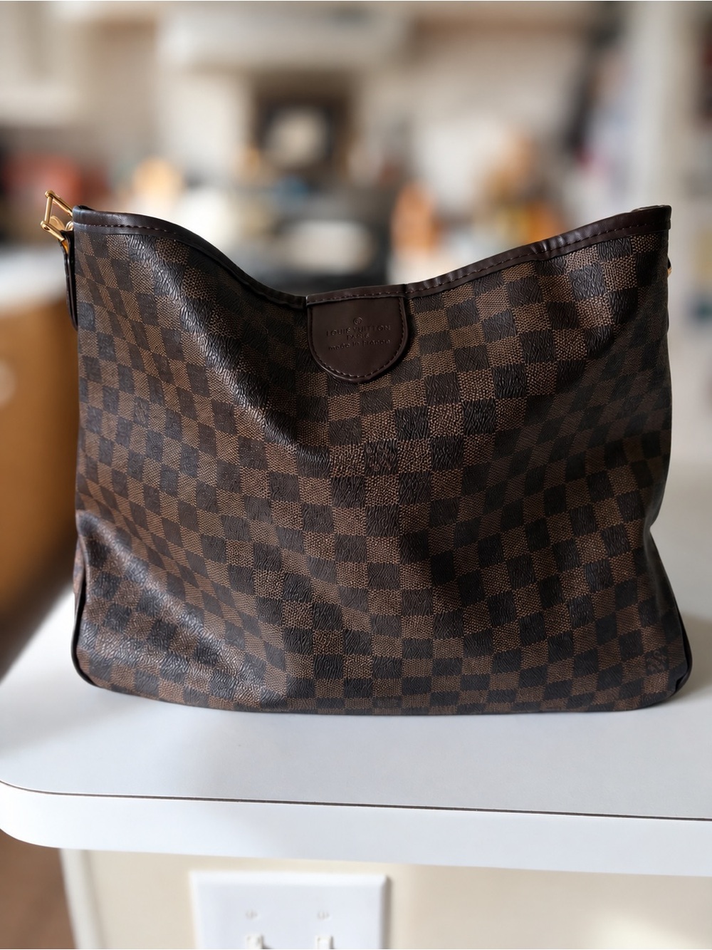 Louis - Inspired Brown Damier Coated Canvas Tote with Gold-Tone Hardware